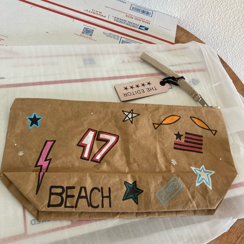 The Editor heavy duty zip up brown paper bag BEACH large wristlet clutch bag